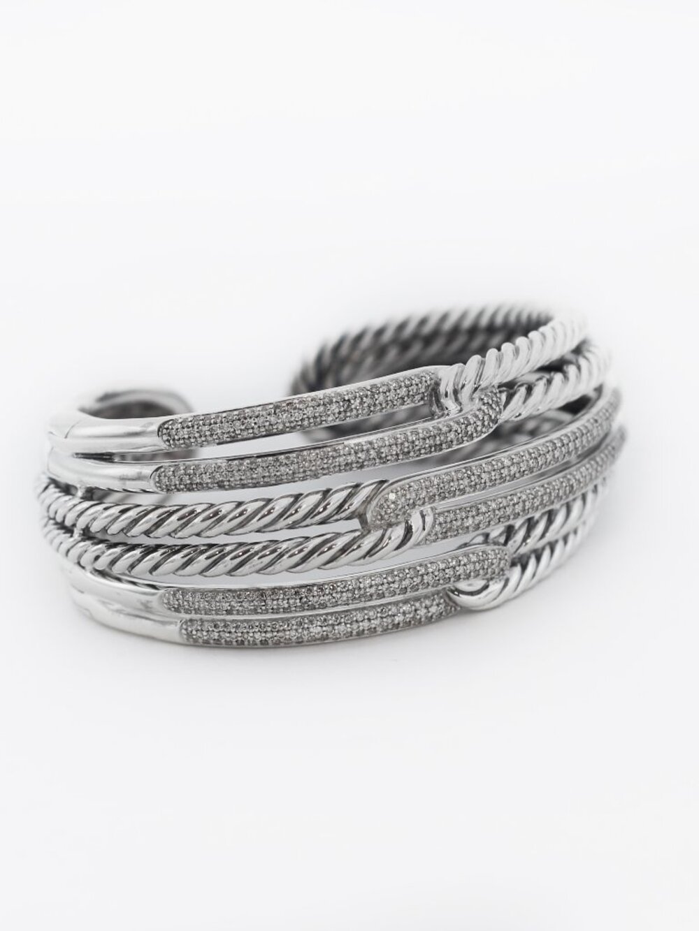 David Yurman 925 Silver Diamond Labyrinth Triple Loop Cuff Bracelet
